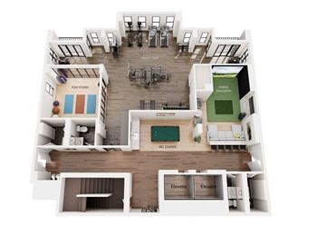 A top down view of a house interior with a living room, kitchen, and two elevators.